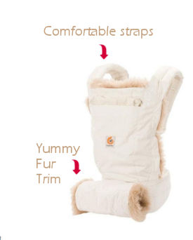 Warm fur trimmed designer ErgoBaby baby carrier in cream and tan for winter