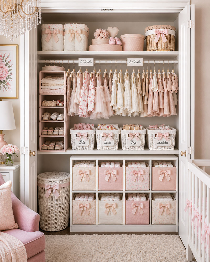Exact nursery closet organizer bin layout with drawers, baby clothing sections, and luxury nursery storage styling