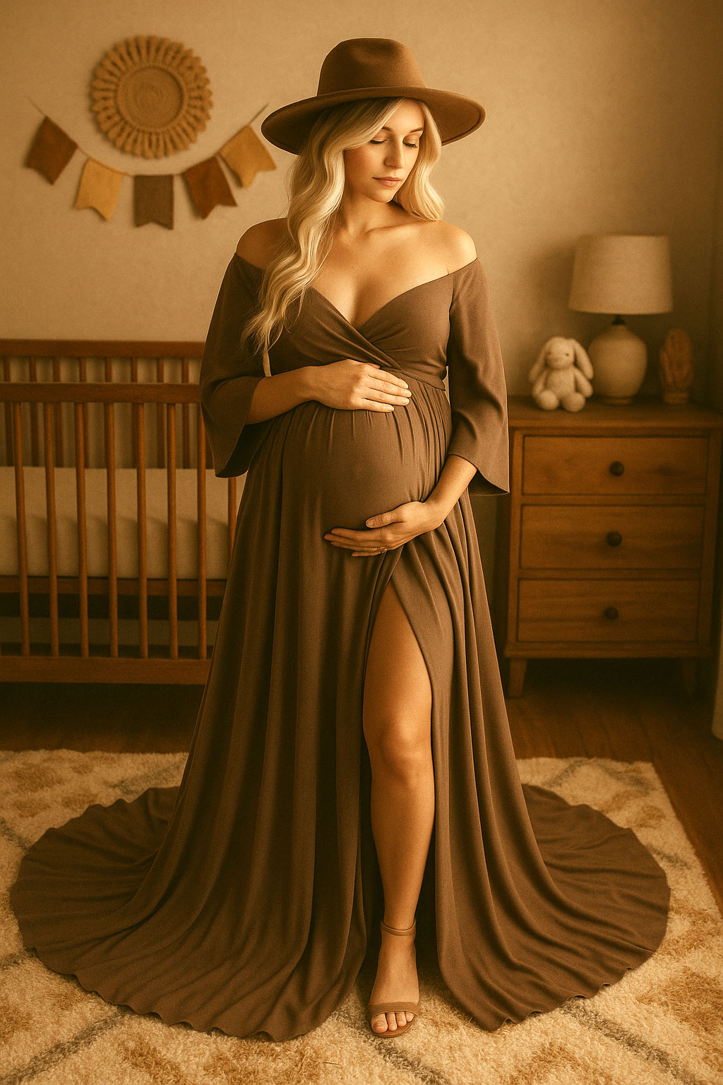 Pregnant woman in a flowing mocha maternity gown and wide-brim hat standing in a cozy Mocha Mousse nursery with warm wood furniture and soft neutral décor
