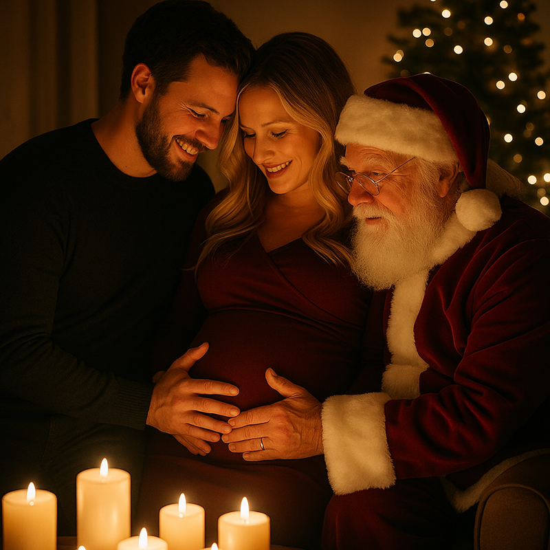 Expecting couple smiling in a candlelit holiday photo shoot as Santa Claus gently joins them to celebrate their baby bump.