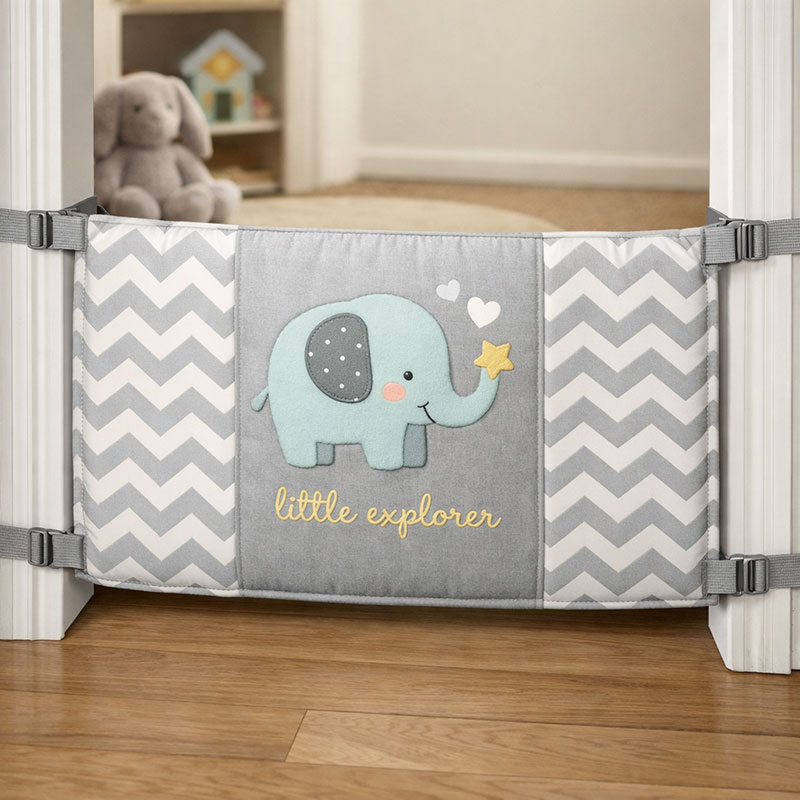 Fabric baby gate installed across a doorway showing a soft textile barrier used as a visual boundary