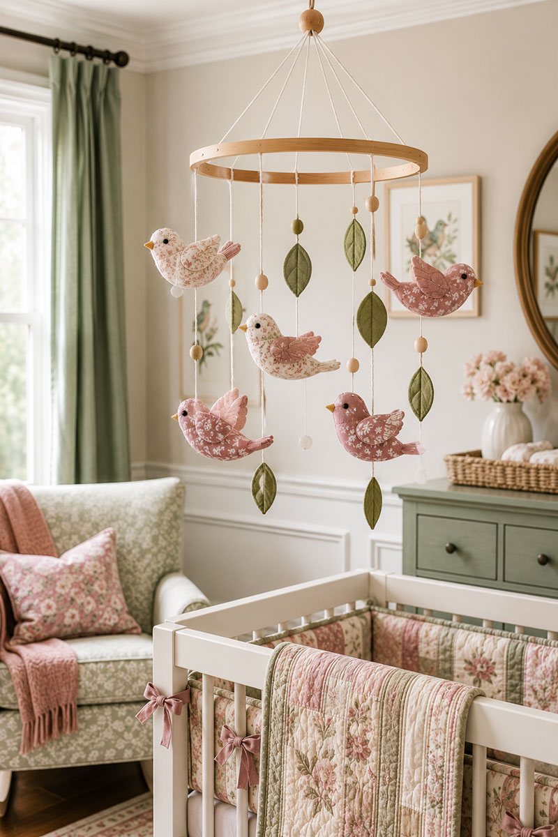 Fabric bird mobile over a crib with tailored baby room textiles