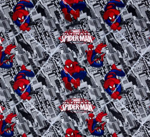 Fabric for a custom Spiderman baby bedding set with city skyline background print