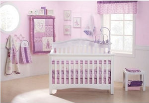 Purple lavender and white Disney princess fairy crib bedding set for a baby girl nursery room