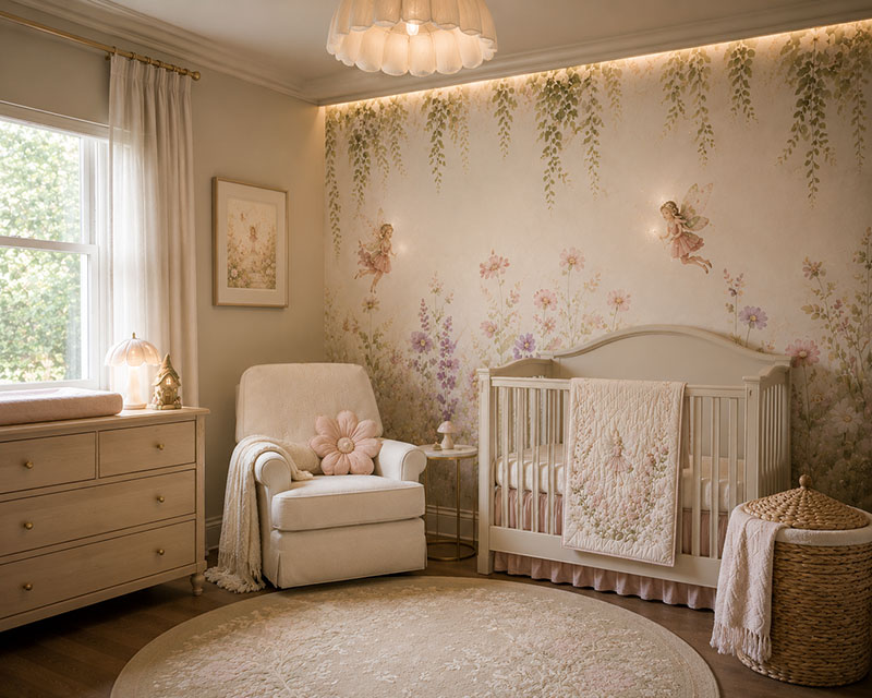 Fairy forest nursery lighting with woodland wallpaper and brass nursery accents