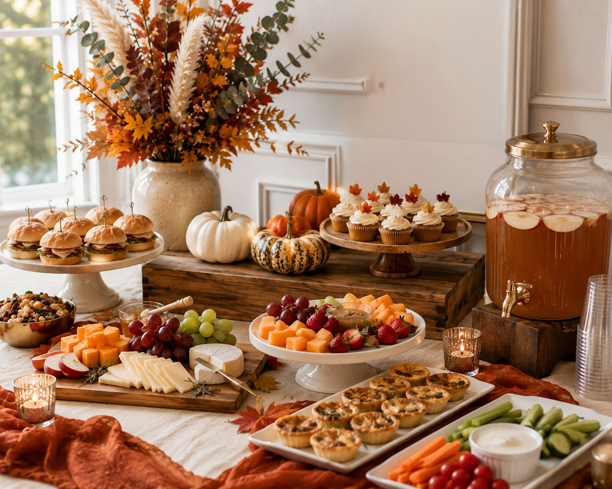 Fall baby shower food table with apple cider, mini quiches, pumpkin bread, fruit and bite-sized desserts