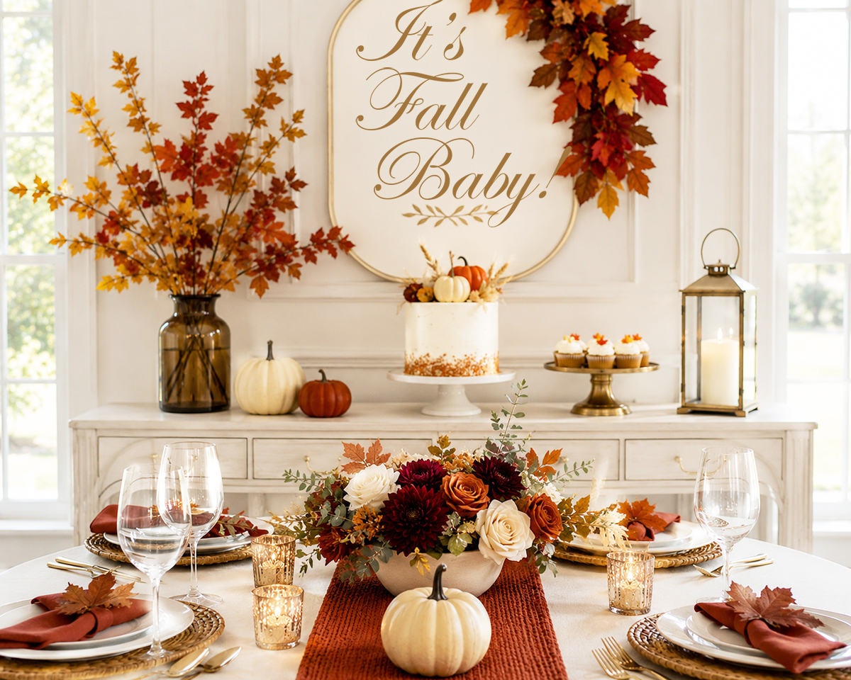 Elegant fall baby shower ideas with pumpkins, autumn flowers and a decorated dessert table