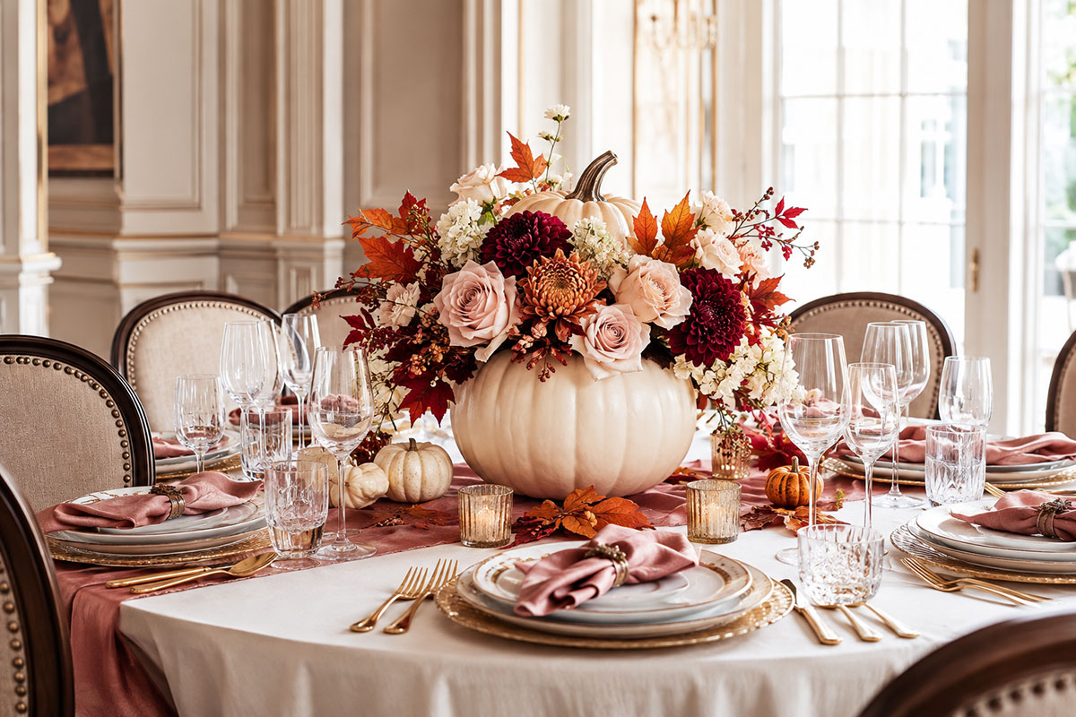 Fall baby shower pumpkin centerpiece with a white pumpkin, blush flowers, burgundy accents and muted orange details