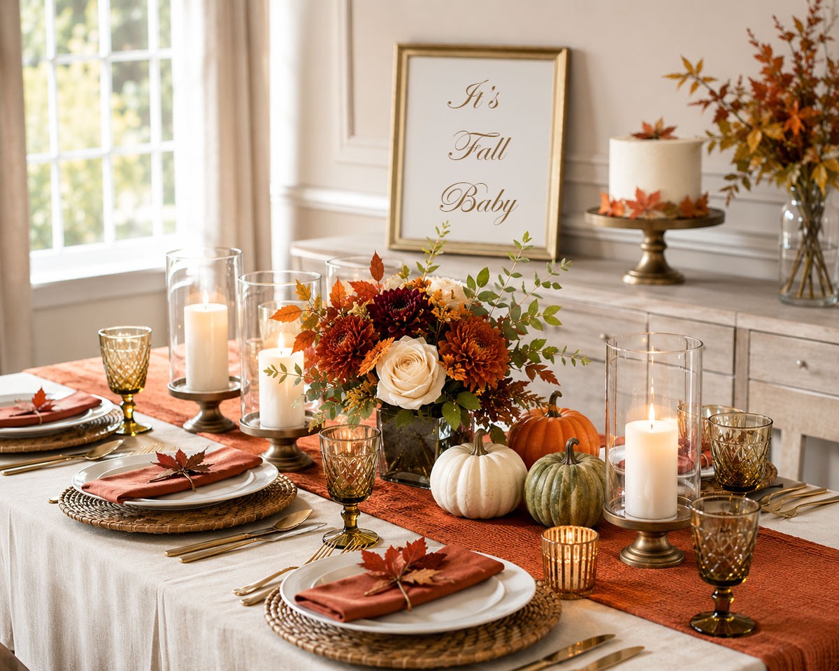Fall baby shower theme table decorated with small pumpkins, apples, autumn linens and seasonal place settings