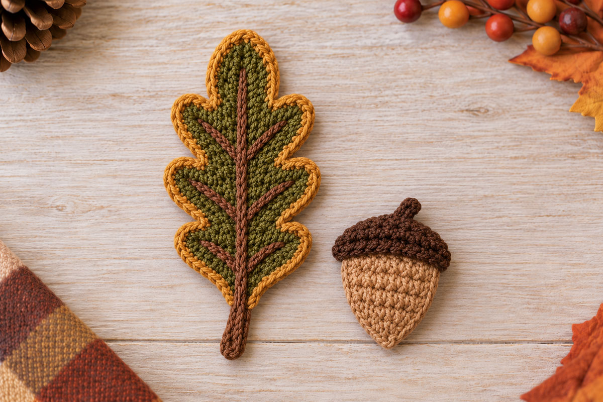 Flat crochet oak leaf with rounded lobes beside a matching brown and tan acorn applique