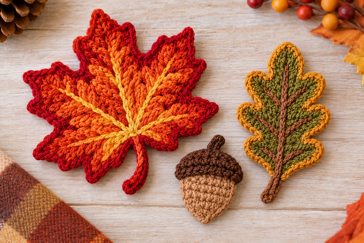 Free fall crochet leaf pattern with maple leaf oak leaf and matching acorn applique