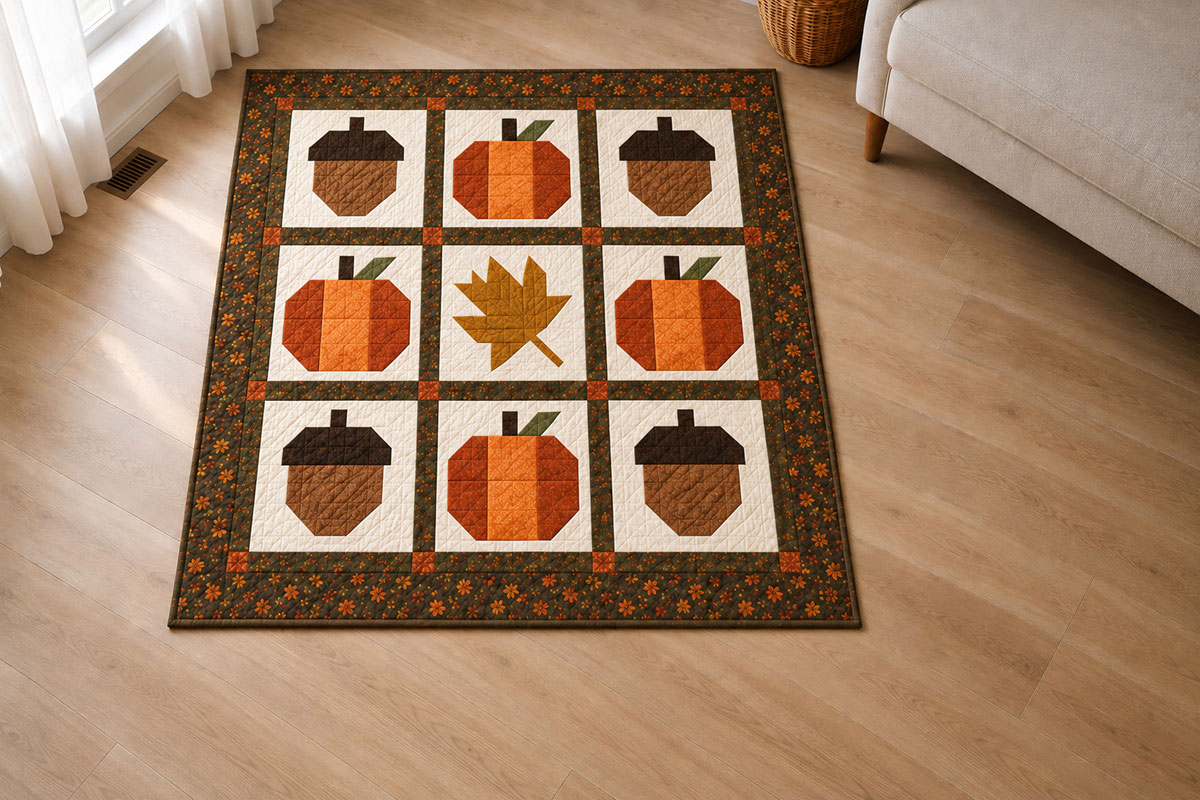 Three by three Fall Harvest quilt layout with four acorn blocks, four pumpkin blocks and one maple leaf block framed with dark sashing and rust cornerstones