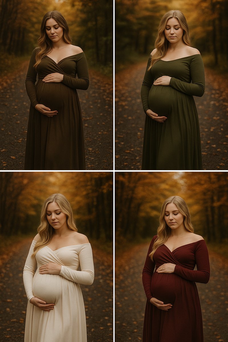 A romantic fall maternity photo collage showing expectant mothers in a variety of autumn-toned gowns walking through a leaf-strewn forest path under soft golden light.