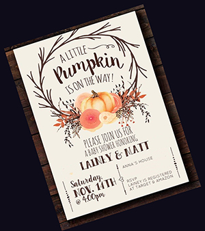 Fall baby shower invitation in pumpkin orange gold and green with a falling leaves theme