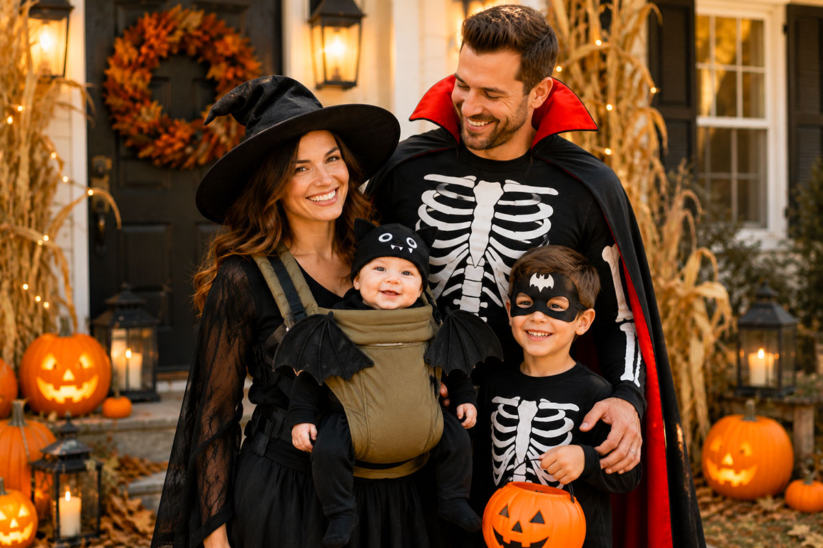 Family wearing coordinated Halloween costumes with a witch mother carrying a baby bat, a vampire father and an older child dressed as a skeleton