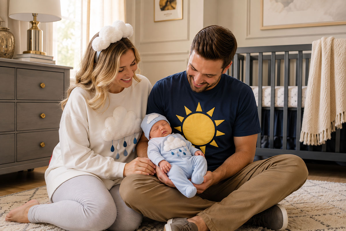 Parents holding a newborn in a simple cloud costume as part of a coordinated sun, rain and cloud family Halloween theme