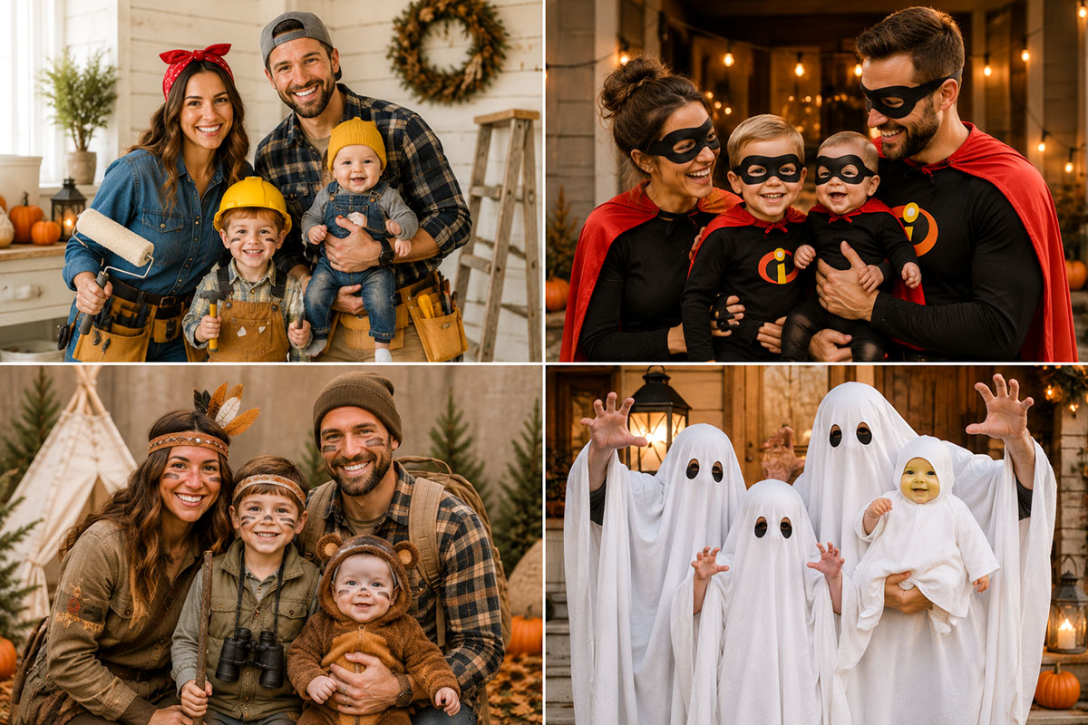 Collage of family Halloween costume photo ideas featuring parents, older children and babies in coordinated handyman, superhero, woodland and ghost themes