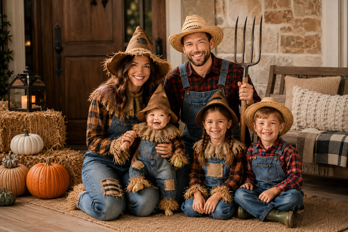 Family of five wearing coordinated farmer and scarecrow Halloween costumes with parents, two older children and a baby