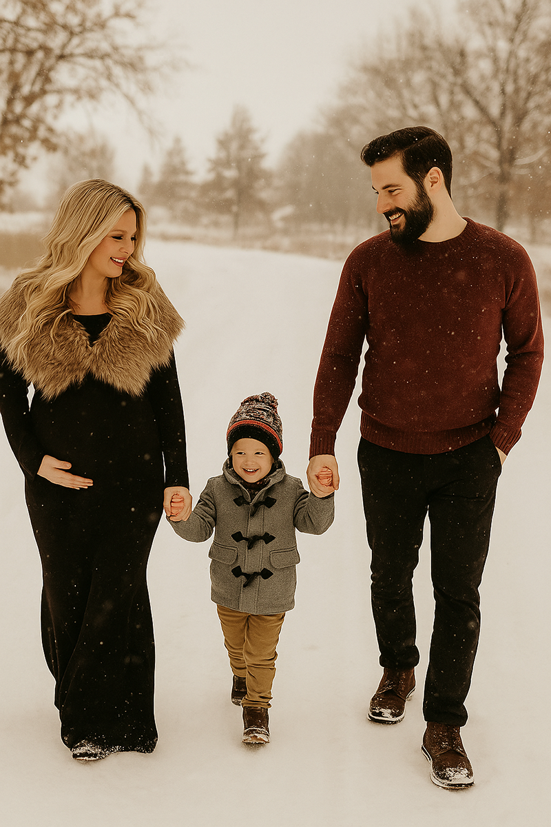 Expecting couple and their young child sharing joyful moments together in the snow during a family holiday maternity photo shoot.