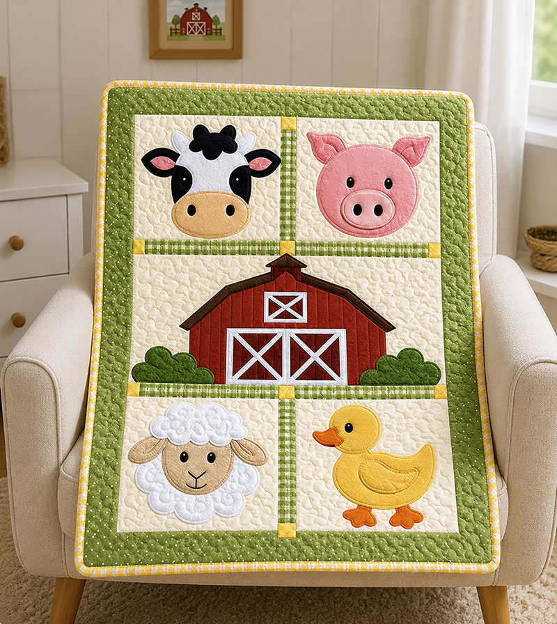 Close-up view of a farm animal baby quilt showing applique stitching and barnyard quilt blocks