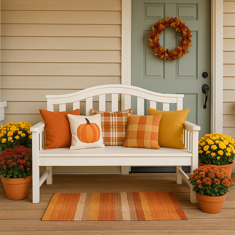 Warm white farmhouse-style bench made from a baby crib, decorated for fall with throw pillows, potted mums, and a cozy rug on the porch
