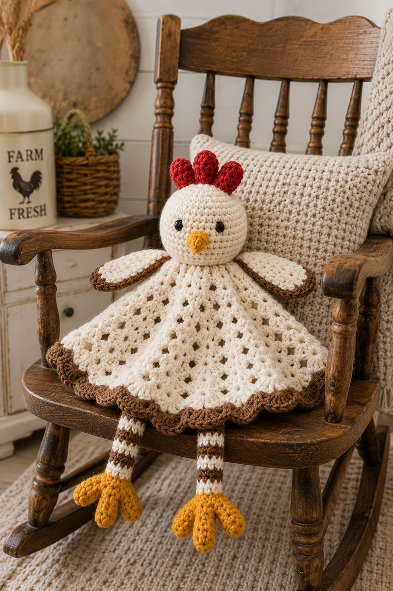 Crochet rooster baby lovey draped across nursery rocking chair