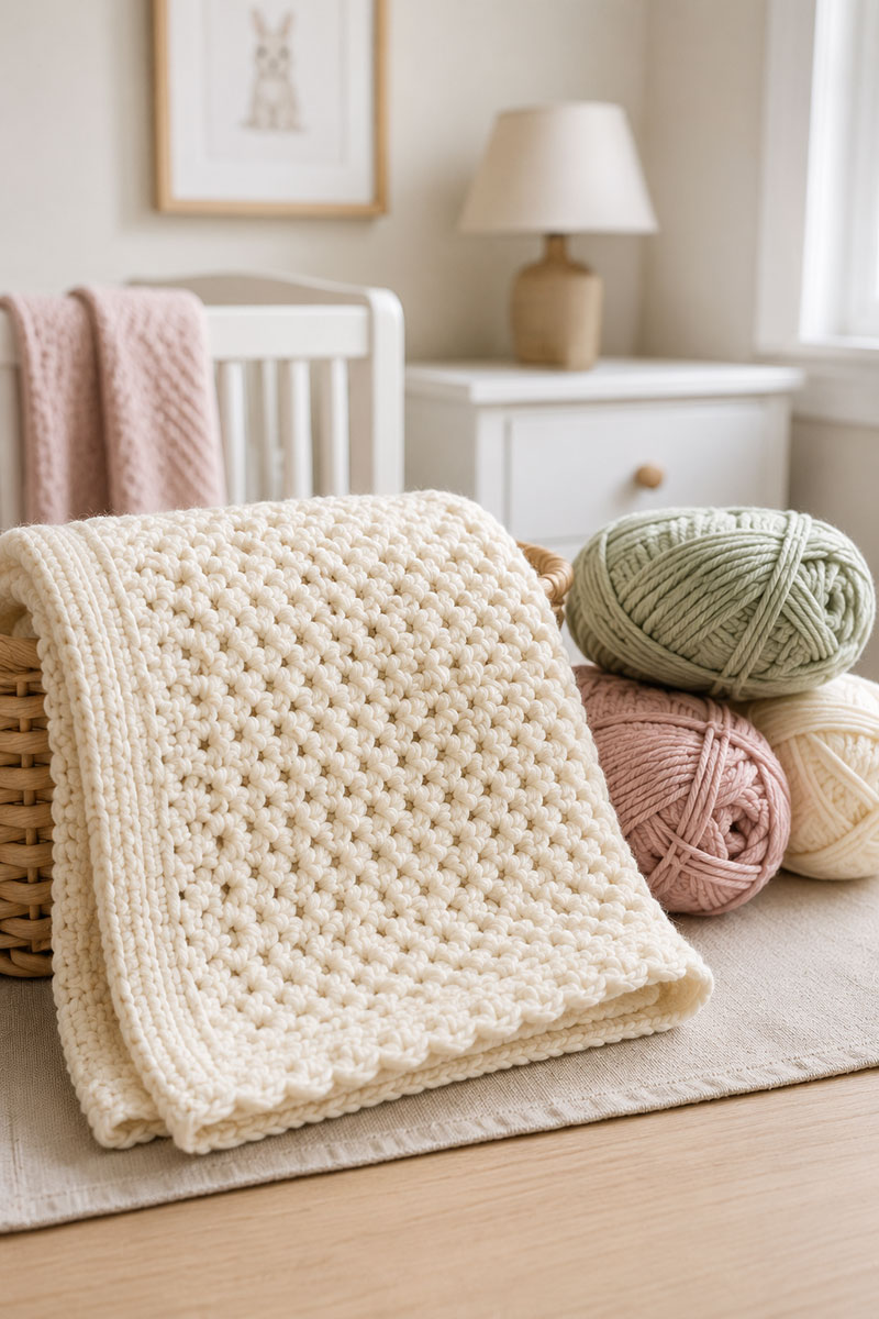 finished crochet baby blanket folded beside coordinating yarn skeins in a modern nursery setting