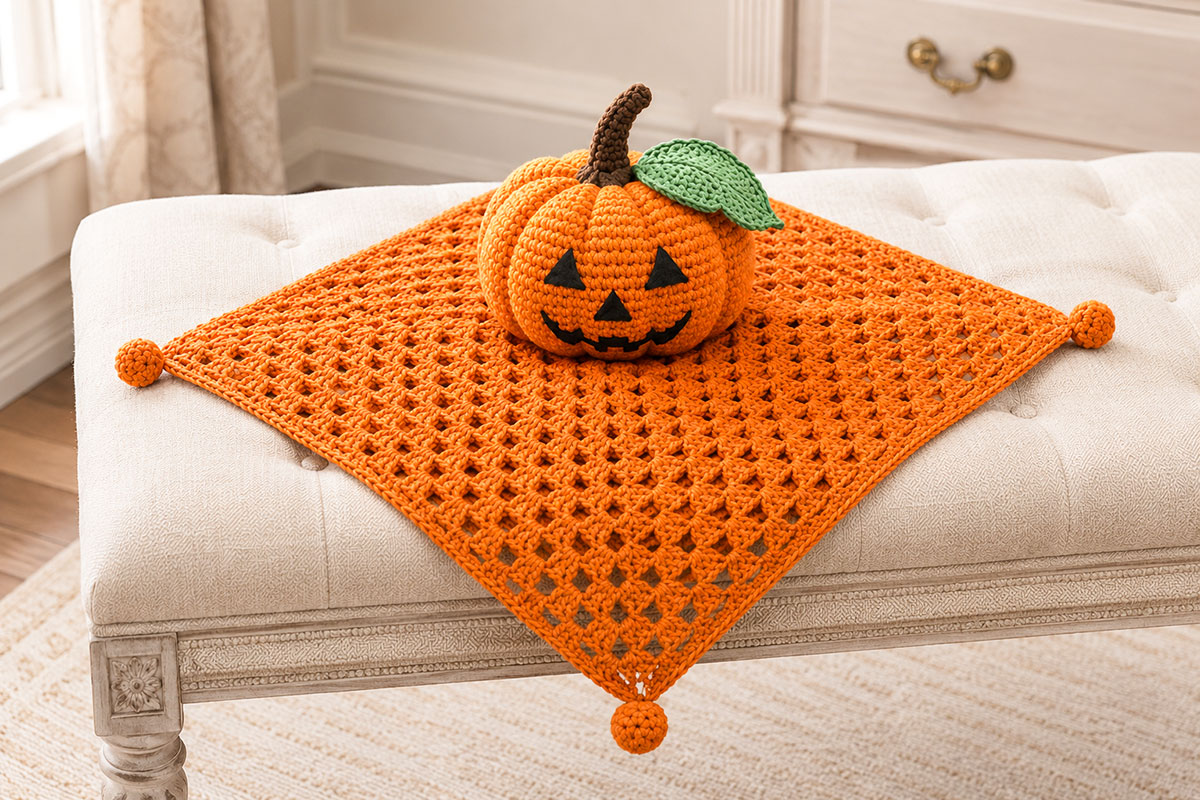 Finished crochet Jack-o'-lantern lovey with embroidered triangular face, ribbed orange pumpkin head, brown stem, sage-green leaf and orange granny-square blanket