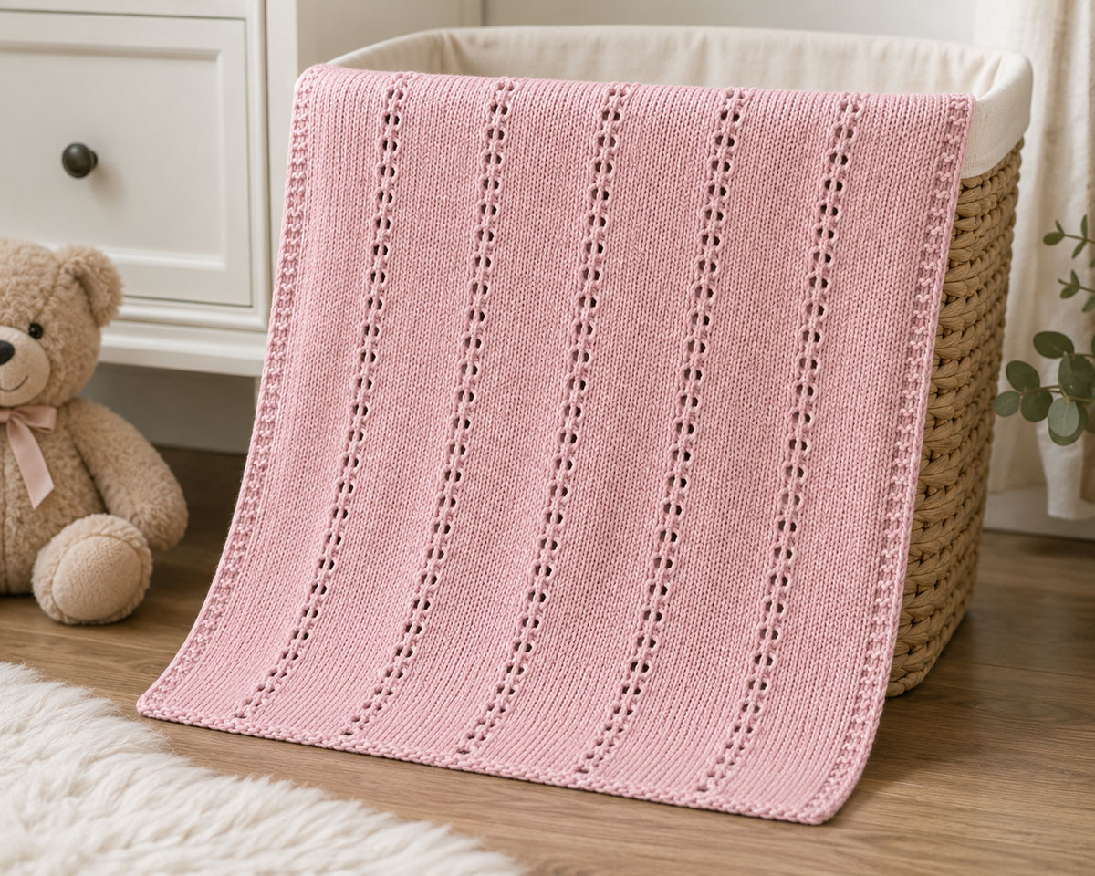 Finished easy knit baby blanket folded over a nursery chair for supervised use and display