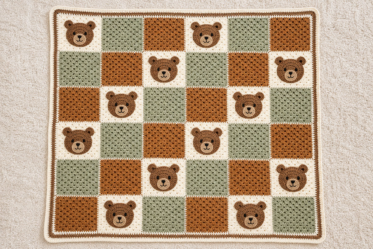 Finished square crochet teddy bear baby blanket displayed flat with twelve brown bear faces and alternating sage caramel and ivory squares