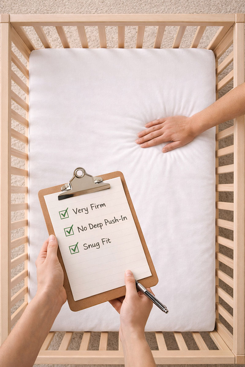 Nursery scene showing a firm crib mattress safety check