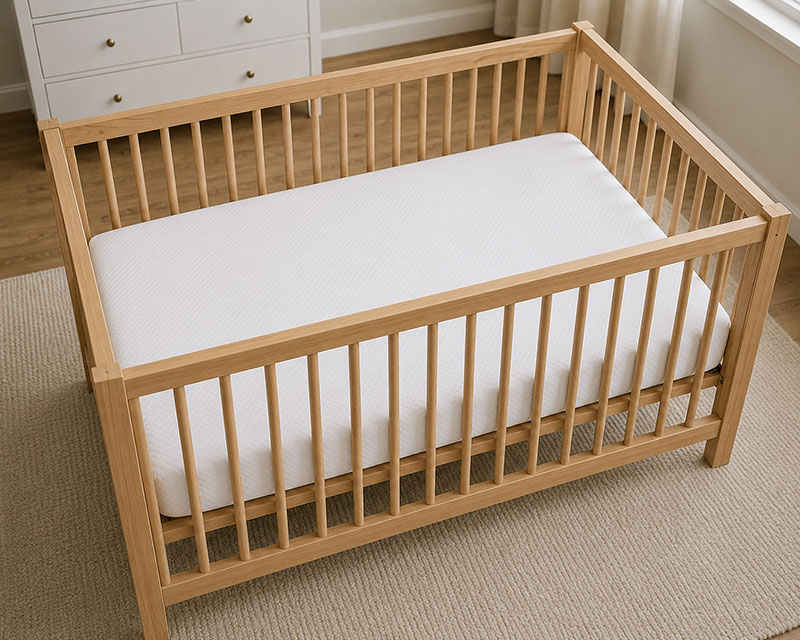 Firm crib mattress with fitted sheet inside a modern nursery crib.