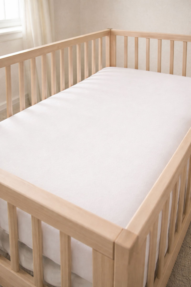 Flat firm crib mattress inside a crib with a level sleep surface