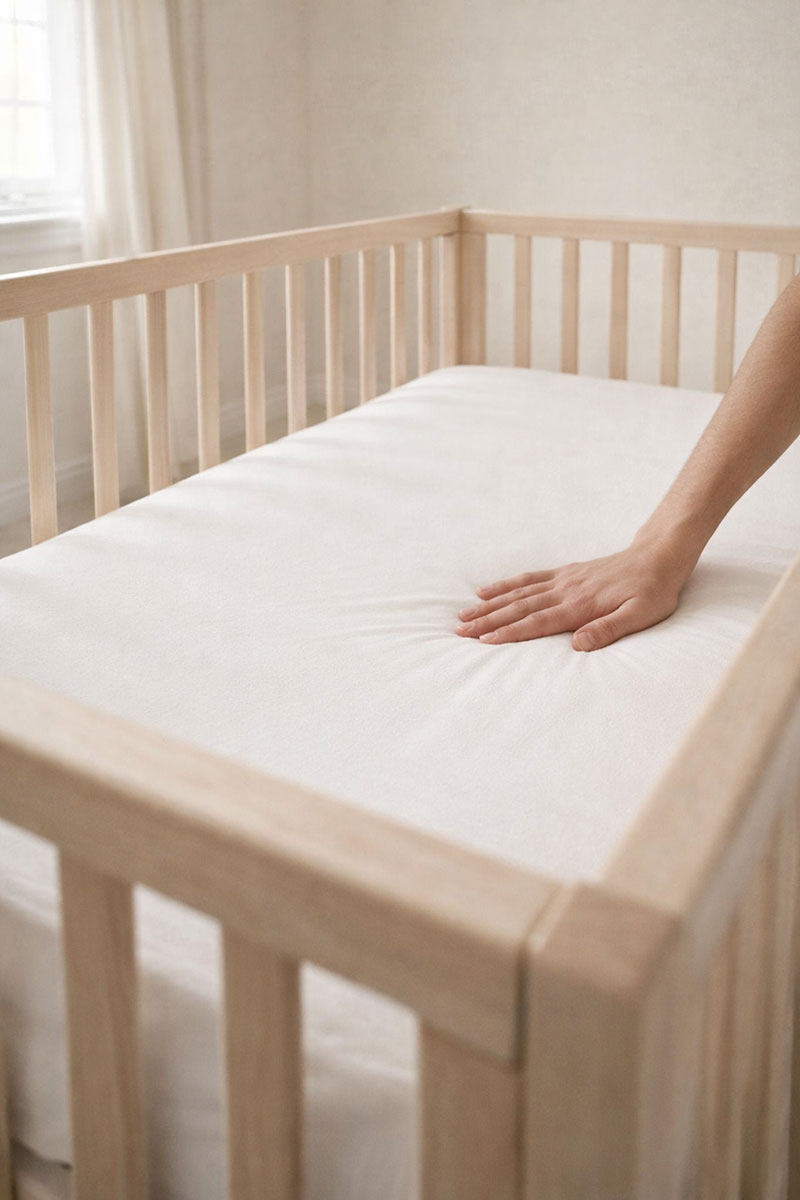 Firm crib mattress in a baby crib showing a flat, supportive sleep surface