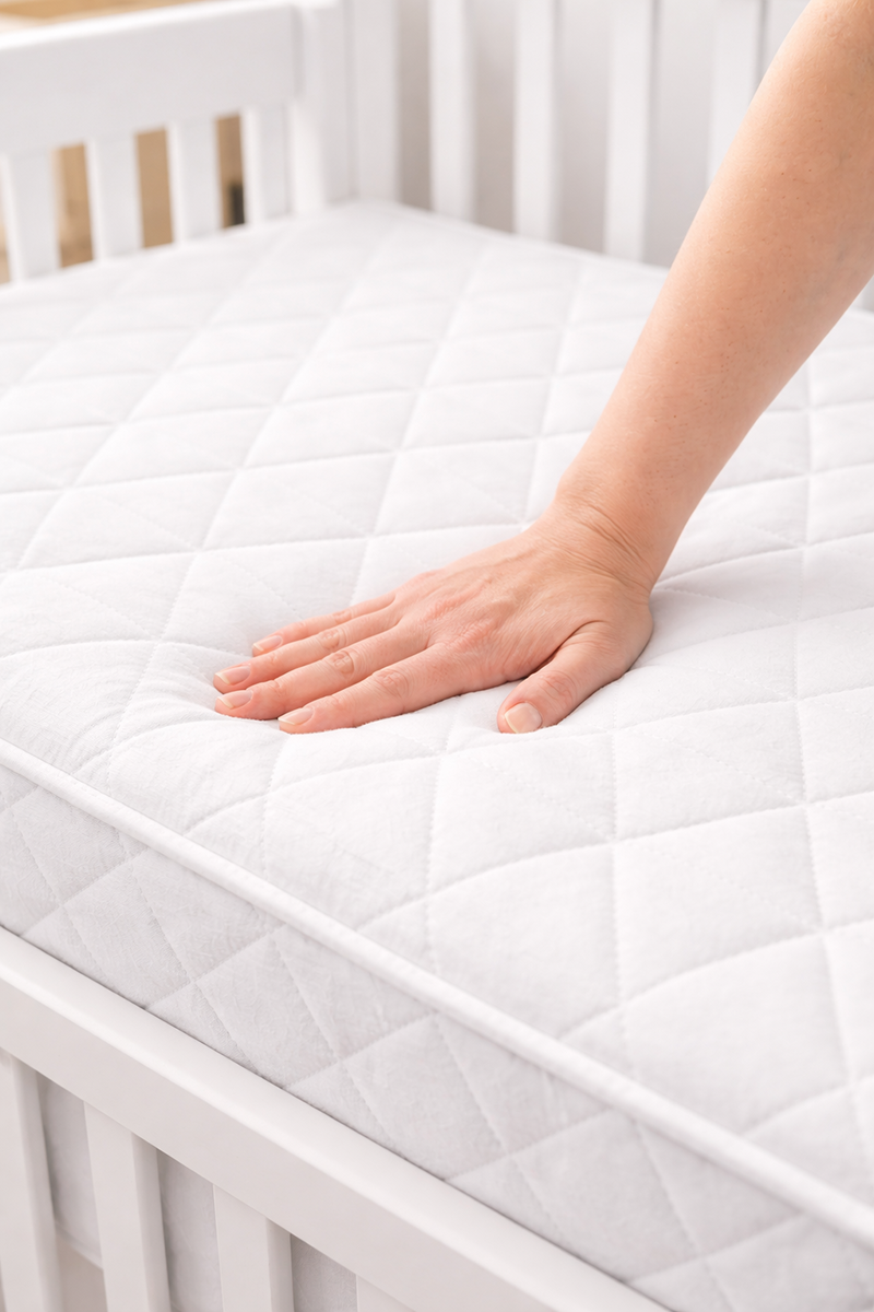 Hand pressing into a firm crib mattress to demonstrate proper firmness