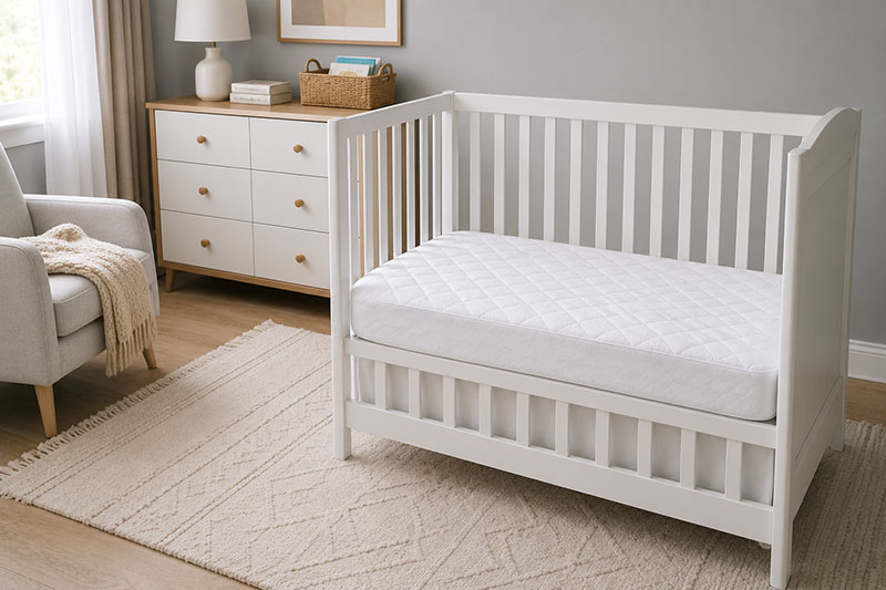 Modern nursery with firm crib mattress and tightly fitted bedding