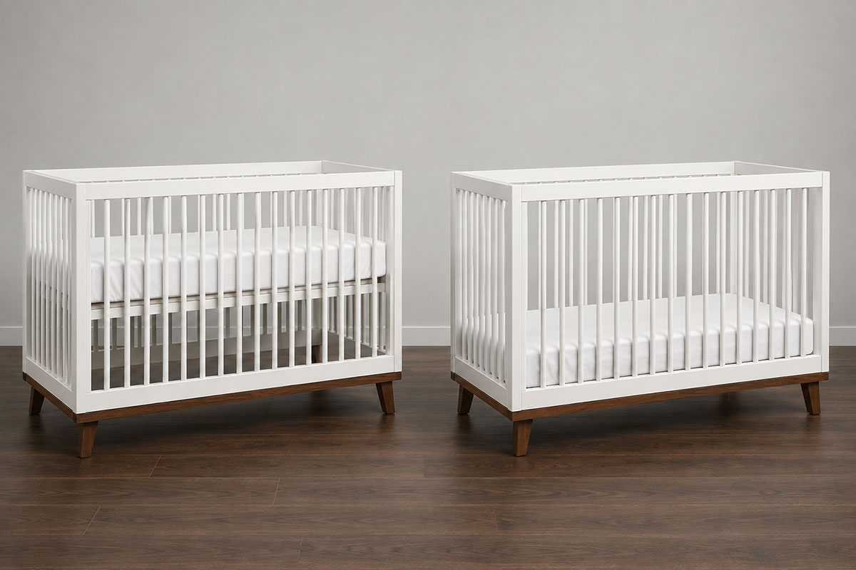 Current fixed-side crib shown with stationary rails and an adjustable mattress support
