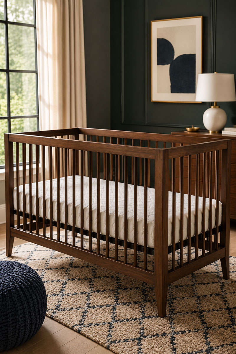 Flippable crib mattress close view inside a modern nursery