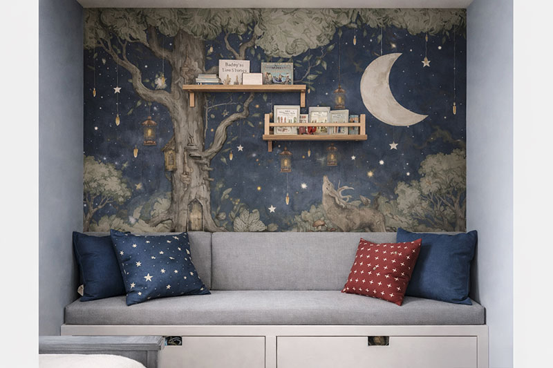 Neutral nursery with floating wood bookshelves styled without toys