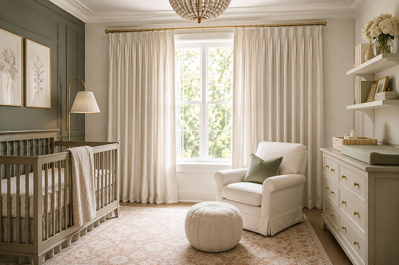 Floor length nursery curtains beside a baby room window
