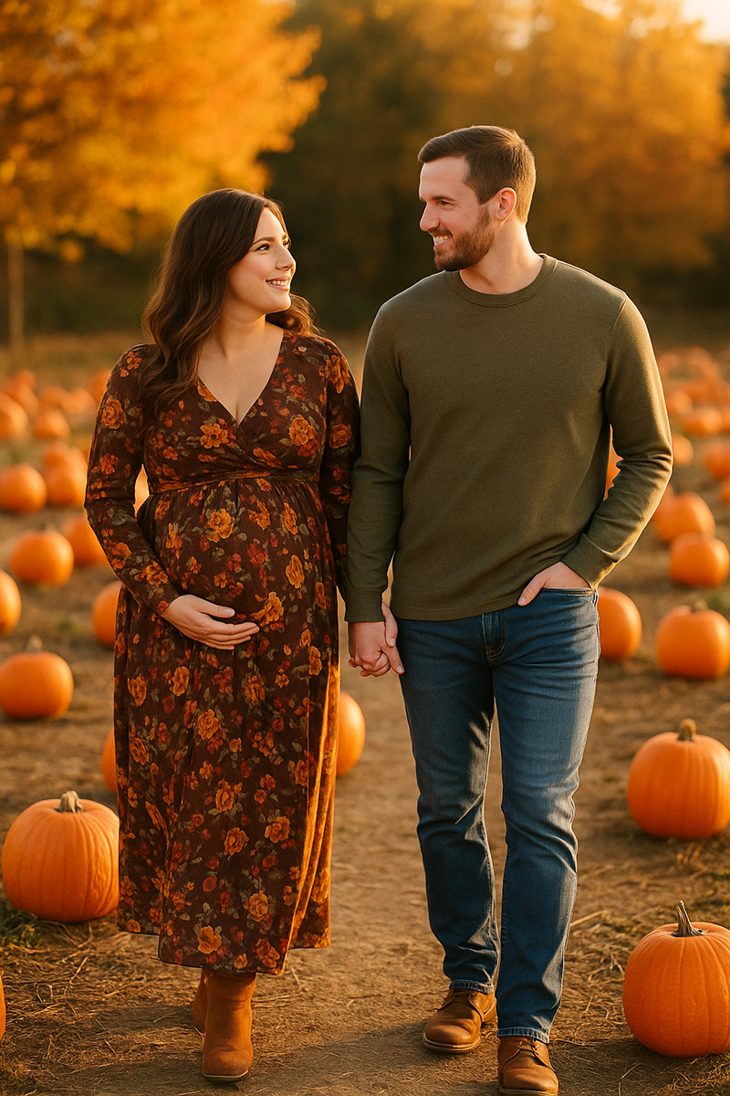 Pregnant woman wearing a floral maternity maxi dress in autumn tones walking through a pumpkin patch