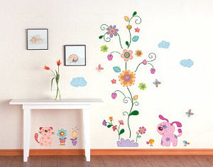 Flower and puppy wall decals and stickers for kids rooms or a baby nursery room floral wall mural