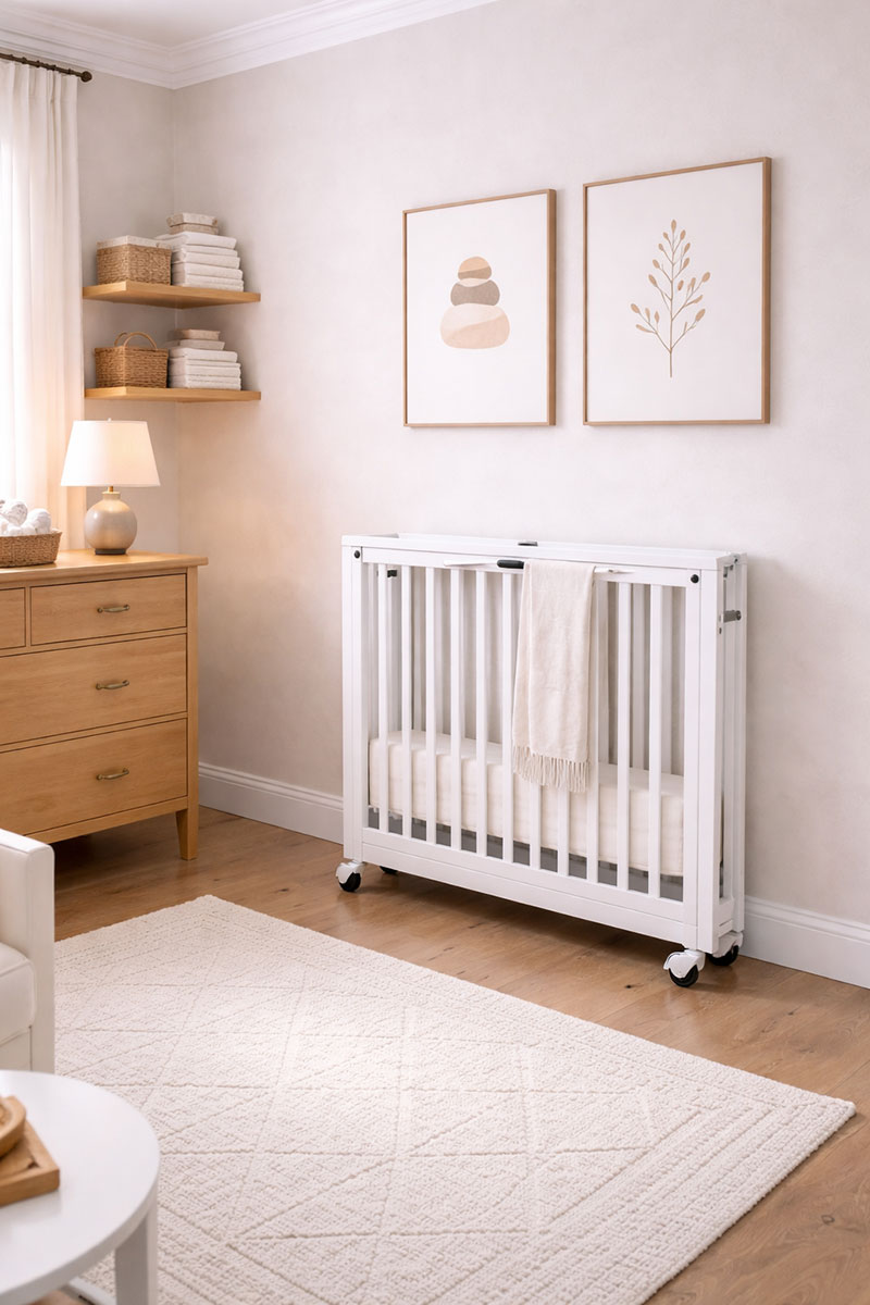 Folding mini crib used in a shared nursery and guest room layout