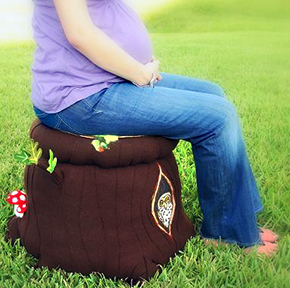 DIY homemade tree stump storage ottoman with felted mushrooms to make using felting arts and crafts nursery project