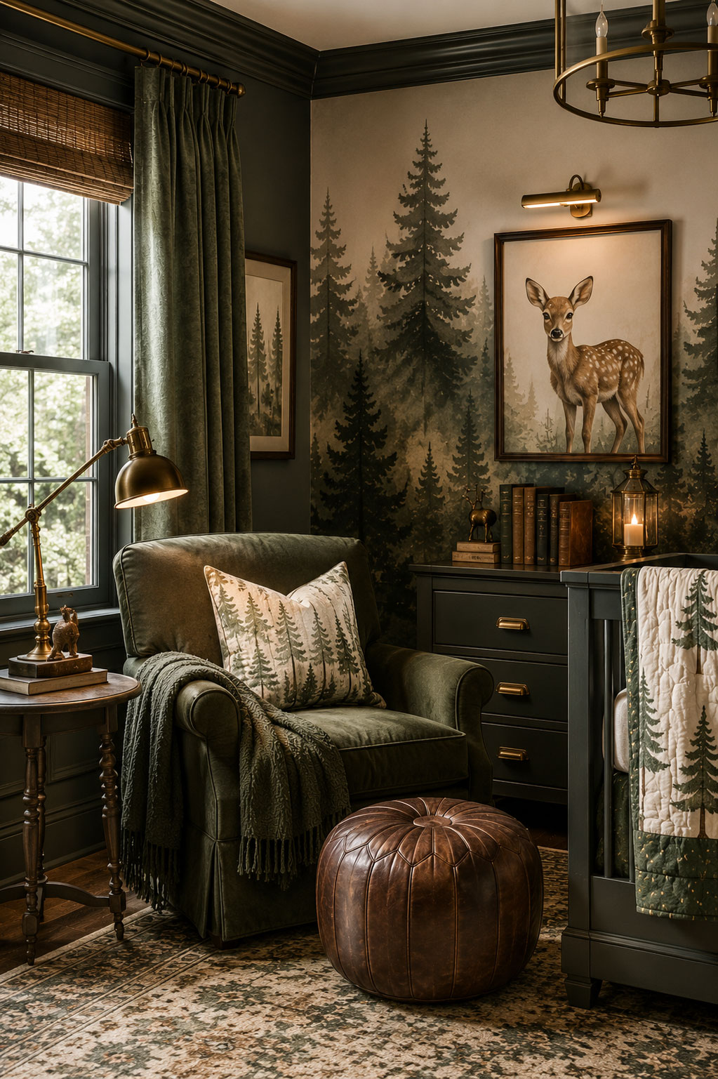 Forest friends nursery with woodland wallpaper, crib, and layered nursery textures