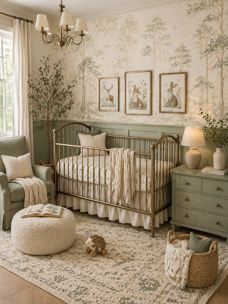 Forest themed nursery with consistent tones and balanced layout