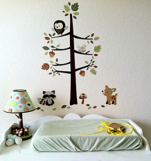 Forest friends wall decals stickers with deer fox tree raccoon black bear mushrooms </TD></TR> </table><BR><BR>Surround your little one with baby animals and birds and a tree if space allows in a neutral color palette including spruce green, chocolate brown and rusty red that mimics their natural habitat. </p><p>A layer of fallen leaves or mushroom stickers on the forest floor are a nice touch. <br clear=