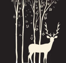 Forest scene wall decals with trees, leaves and deer silhouettes on dark wall paint color