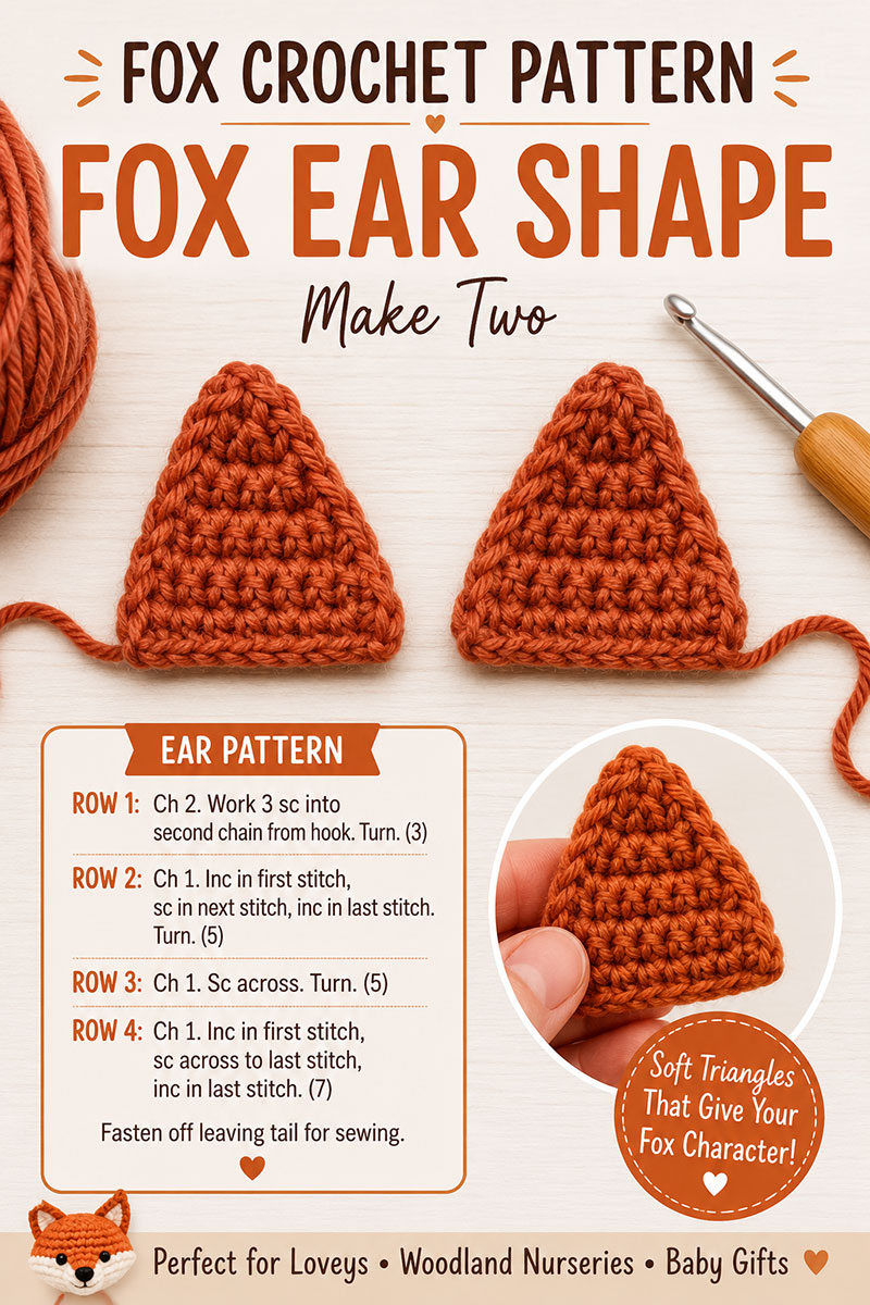 Triangle fox crochet ear pieces before sewing