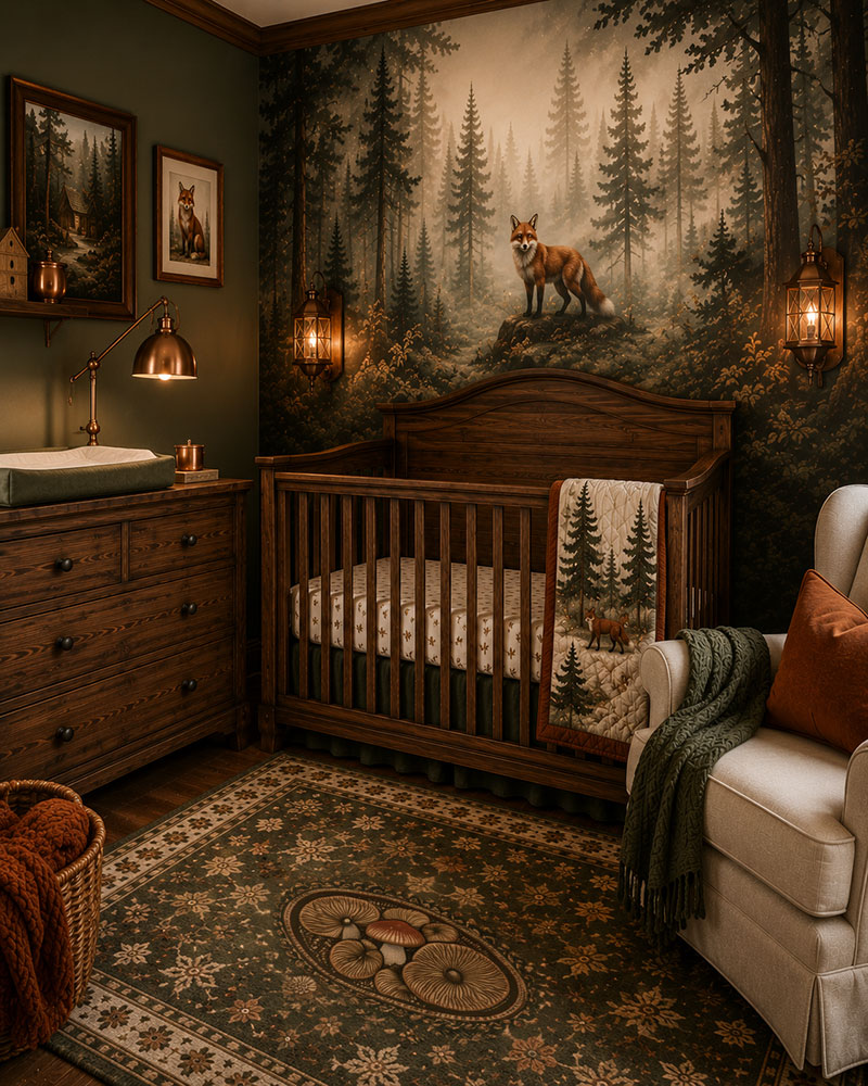 Fox woodland crib corner with misty tree wallpaper, clean crib styling, and one red fox art detail